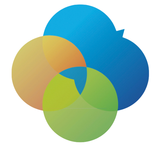 3 círculos (azul, verde y amarillo) forman un pájaro volando. Simboliza la conexión del cuidador y la Persona que Vive con Alzheimer (PVA).