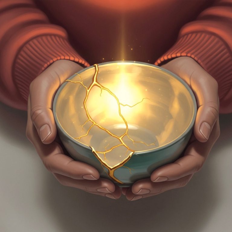 Dos manos sosteniendo una cerámica de kintsugi. Dos manos sostienen un cuenco de cerámica con grietas reparadas en oro (kintsugi), del que emana una intensa luz cálida.