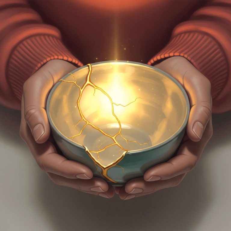Dues mans sostenen una ceràmica de kintsugi. Dues mans sostenen un bol de ceràmica amb esquerdes reparades amb or (kintsugi), del qual emana una llum càlida i intensa.